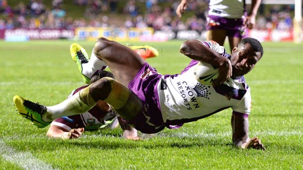 Prolific: The Storm's Sullies Vunivalu scores a try during the round 24 match against Manly.