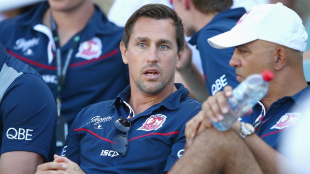 Bystander: Suspended Roosters player Mitchell Pearce watches on the from stand during the round one NRL match against the South Sydney Rabbitohs at Allianz Stadium.