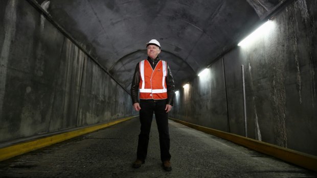 Prime Minister Malcolm Turnbull in a tunnel near the Tumut 2 power station.