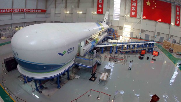 The "iron bird" test platform, a plane-like fuselage simulator, for China's first home-made jet the C919.