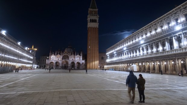St. Mark's Square in Venice is normally packed with people, but is now deserted.