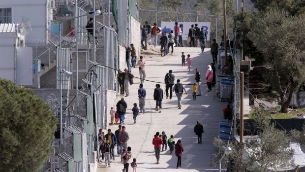A general view of migrants at the detention centre in Lesbos on Monday.