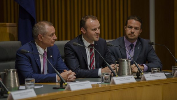 ACT Chief Minister Andrew Barr, centre, on Friday with South Australia Premier Jay Weatherill, left, and Troy Pickard, the president of Australian Local Government Association.