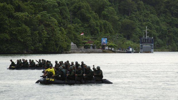 Indonesian military hold training exercises near Nusakambangan prison.