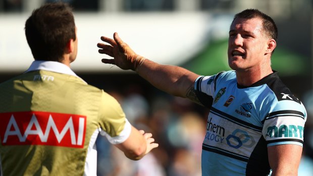 Making his point: Paul Gallen speaks to the referee during the round 20 NRL match between the Cronulla Sharks and the Newcastle Knights at Southern Cross Group Stadium.