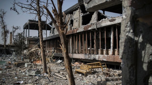 An external view of Mosul's main hospital complex shows damage after it was retaken by Iraqi forces.