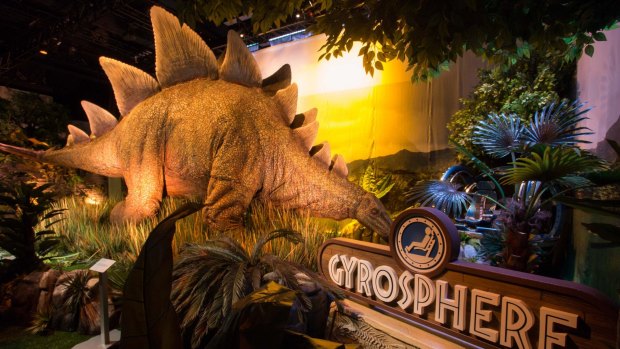 A stegosaurus lurks in the Jurrasic World Exhibition.