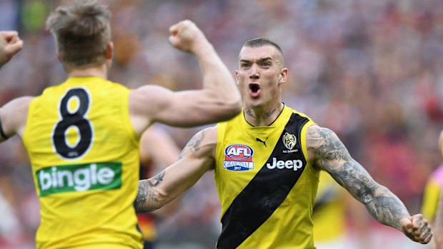 A win for the ages: Jack Riewoldt (left) and Dustin Martin after Riewoldt kicked a goal.