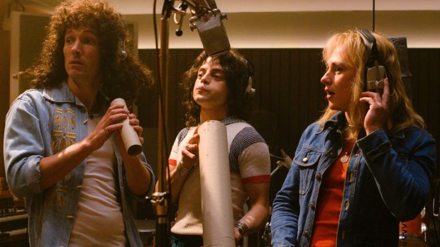 Brian May (Gwilym Lee); Freddie Mercury (Rami Malek) and Roger Taylor (Ben Hardy) in Bohemian Rhapsody.