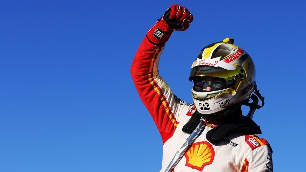 Scott McLaughlin celebrates after winning race 8 for the Perth SuperSprint at Barbagallo Raceway 