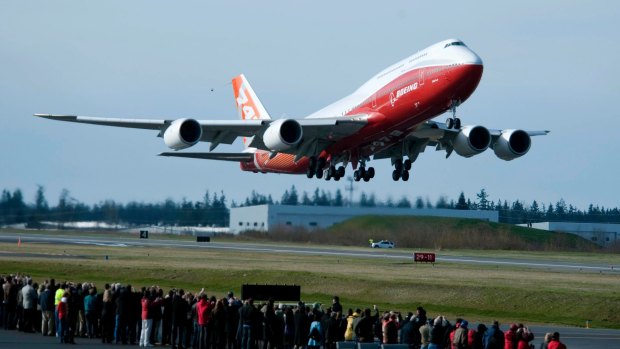 The latest model of the jumbo jet, the Boeing 747-8, makes its first flight in 2010.