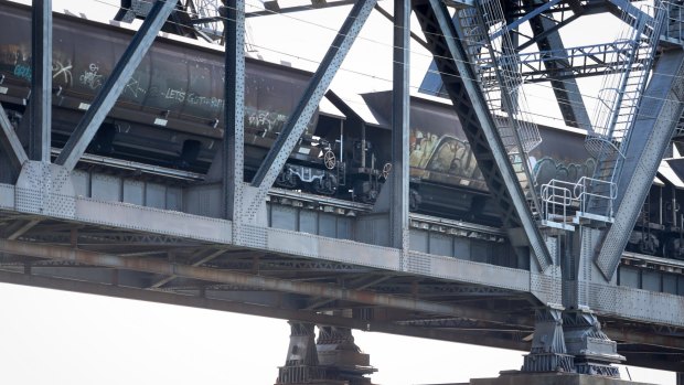 A coal train crosses the Hawkesbury river at Brooklyn.  
