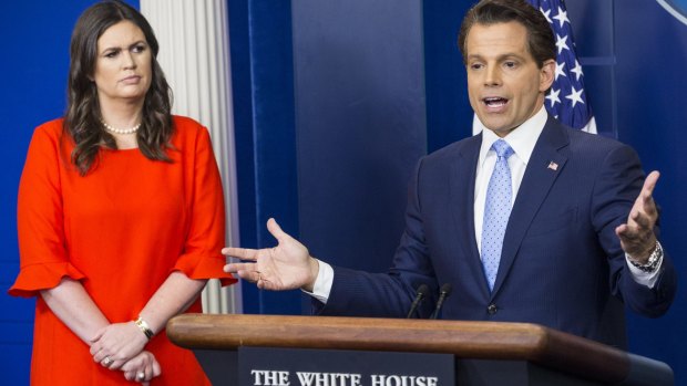 Anthony Scaramucci, director of communications for the White House, right, speaks as Sarah Huckabee Sanders, new White House press secretary listens on Friday.