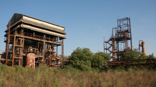 The two main structures of the derelict pesticide plant, which still have not been dismantled three decades on from the disaster.