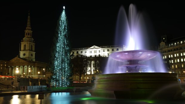 The Norwegian Christmas tree stands with its lights turned on at the end of a lighting ceremony in Trafalgar Square on Thursday.