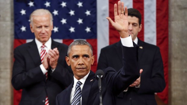 Barack Obama  at the conclusion of his State of the Union address to a joint session of Congress.