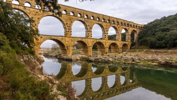 The imposing Pont du Gard, an ancient Roman aqueduct near Avignon in the south of France.