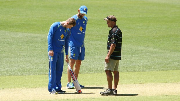 Inspection: Steve Smith and Nathan Lyon speak to Adelaide Oval curator Damian Hough.