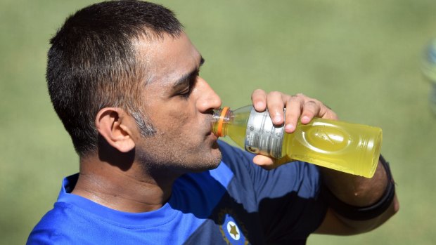 M.S. Dhoni takes a break from his comic stylings.