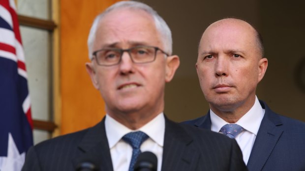 Malcolm Turnbull and Peter Dutton at the announcement of the new mega-department which appears as if it will, effectively, have a monopoly on investigating its own operations. Photo: Andrew Meares