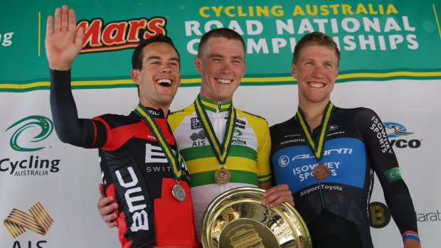 All smiles on the podium: Rohan Dennis (middle) with Richie Porte (left) and Sean Lake.