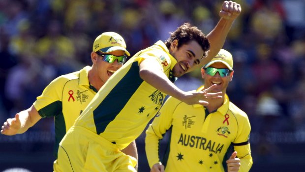 Imposing sight: Mitchell Starc celebrates after bowling Brendon McCullum for a duck.