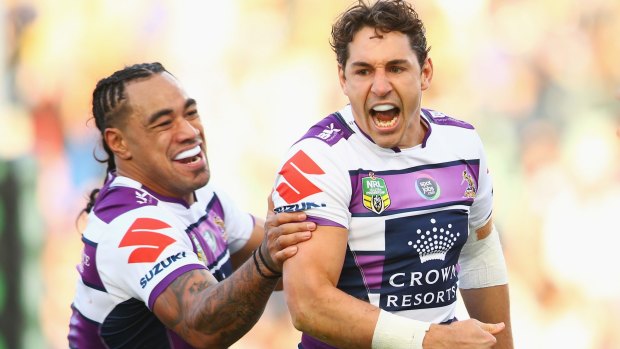 Try-time:  Mahe Fonua congratulates Billy Slater after his try.