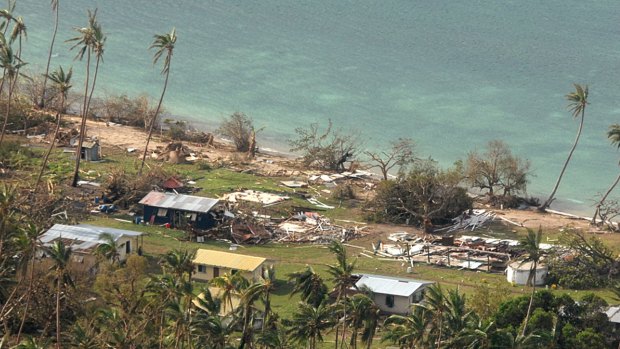 Damaged buildings at Susui village in Fiji on Monday.