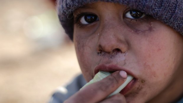 A Syrian boy displaced with his family from eastern Aleppo eats a vegetable in the village of Jibreen south of the city earlier this month.