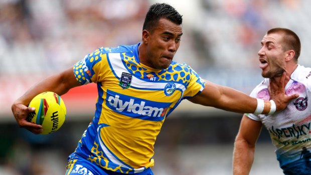 Heading off: Halauafu Lavaka fends away Kieran Foran at the NRL Nines at Eden Park in January.