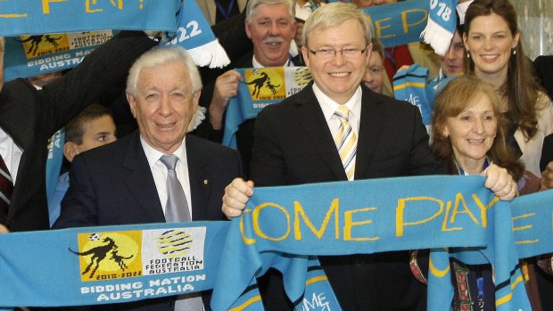 Frank Lowy with then Prime Minister Kevin Rudd at Parliament House in 2009 during the launch of Australia's bid to host the 2022 FIFA World Cup