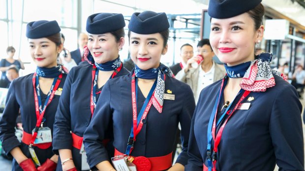 China Eastern flight attendants in Brisbane. Prior to the pandemic there were nine mainland Chinese airlines flying Australian routes.