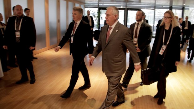 US Secretary of State Rex Tillerson arrives for a meeting of foreign ministers at the World Conference Centre in Bonn on Friday.