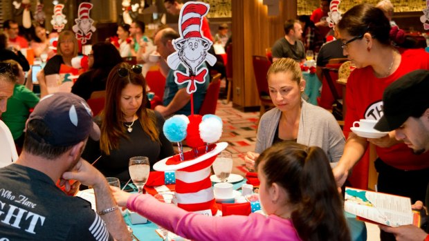 Guests aboard the Carnival Horizon enjoy the Green Eggs and Ham Breakfast with The Cat in the Hat and Friends.