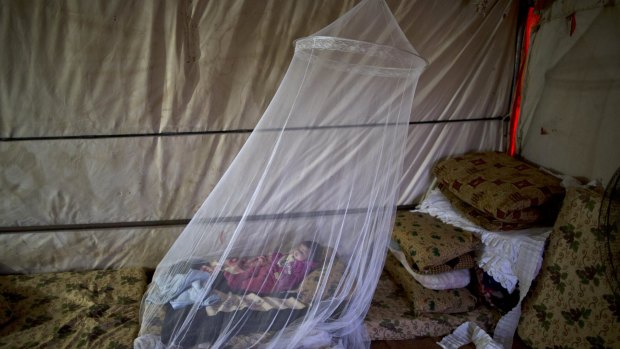 Three-month-old Syrian refugee Zahra Saad at her family's tent in an informal settlement near the Syrian border on the outskirts of Mafraq, Jordan.