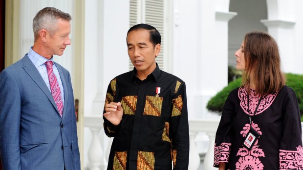 Indonesian President Joko Widodo being interviewed by Fairfax journalists Jewel Topsfield and Peter Hartcher at the presidential palace in Jakarta in November 2016. A visit planned at that time was cancelled due to unrest in the Indonesian capital.