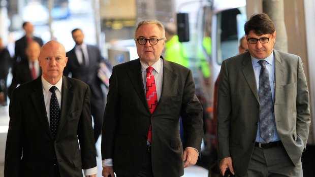 Former Liberal Party Treasurer  Michael Yabsley (centre) arrives at Sydney's Independent Commission Against Corruption.