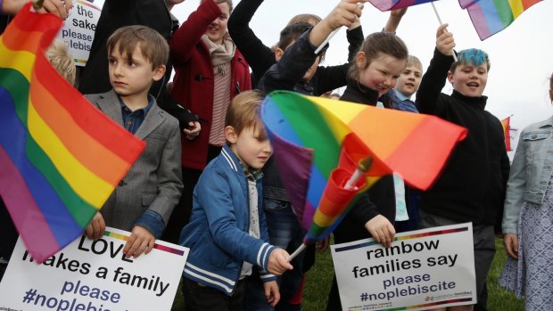 Families opposed to a plebiscite on same-sex marriage rally outside Parliament earlier this month.