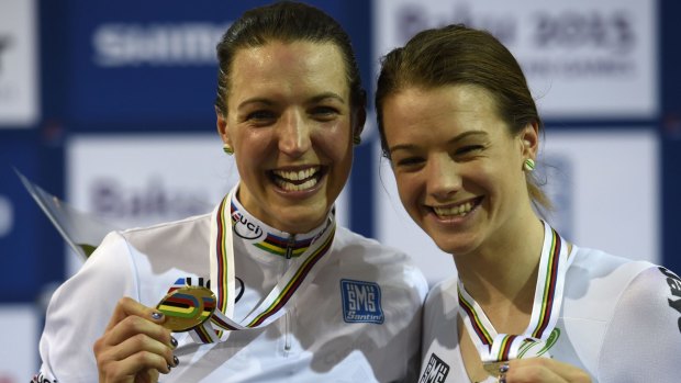 Rebecca Wiasak (left) with third-placed Australian Amy Cure on the podium.