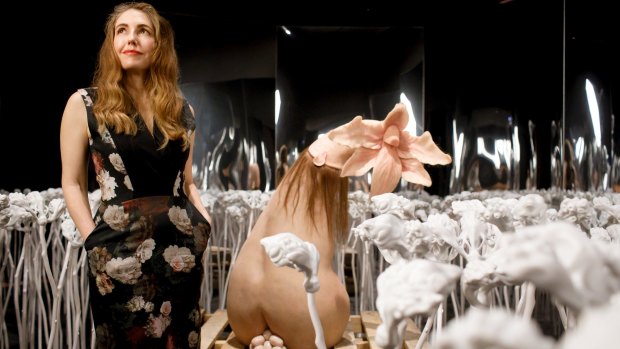 Australian artist Patricia Piccinini with her installation Bootflower at the Hyper Real exhibition at the National Gallery of Australia. 