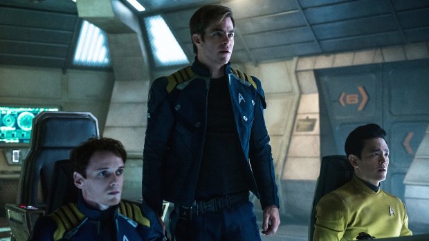 The latest movie outing, <i>Star Trek Beyond,</i> with Anton Yelchin (Chekov), Chris Pine (Kirk) and John Cho (Sulu) on the deck of the Enterprise.