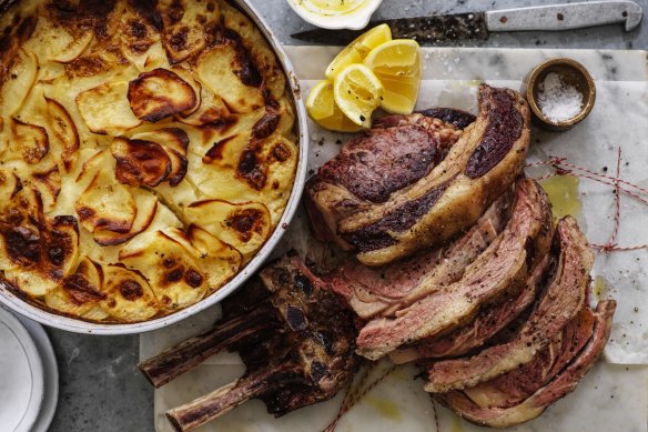 Slow-roasted rib of beef served with horseradish cream and potato gratin.