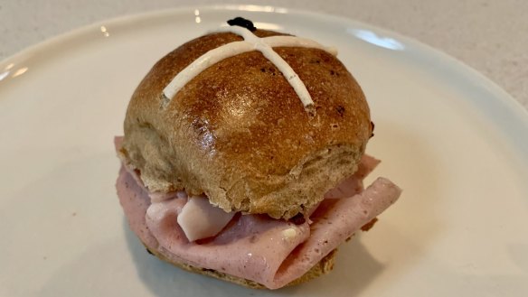 Hot cross buns sandwiched with mortadella - two thumbs up.