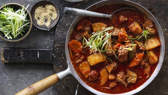 The gochujang and gochugaru add mild sweet spice to this stew.