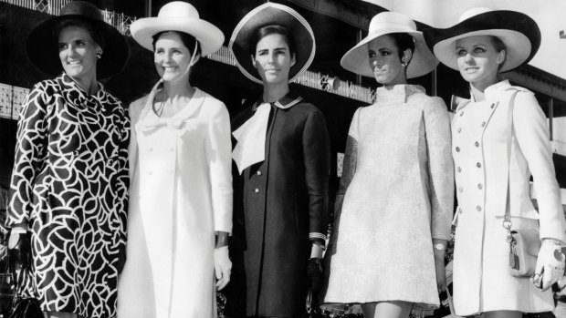Final day winners of the Fashions in the Field contest held during the spring racing carnival at Flemington in 1967. Pictured were, from left: Mrs Ann Faulkner (open section), Mrs Cara Brett-Hall ($80 to $140 section), Miss Louise Strauss (under $80 section), Maggie Eckhardt (professional models section and designer's award) and Miss Gail Upton (most elegant hat). 