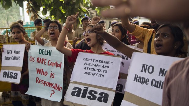 Indian students denounce Delhi's growing reputation as unsafe, during a protest on Sunday.
