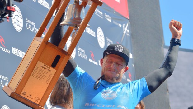 Mick Fanning rings the bell after going back-to-back at Bells Beach.