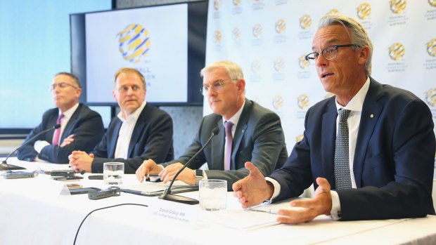 Pay day: FFA chief executive David Gallop addresses the media during a press conference where he announced a six-year deal with Fox Sports worth $346 million.