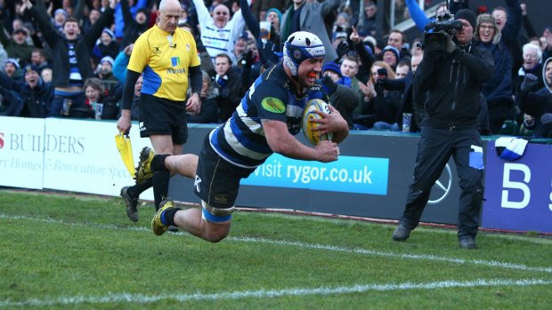 Bath time: Leroy Houston dives over the line to score a try during the Premiership match between Bath and London Irish in March.