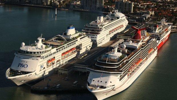P&O's Pacific Pearl and Pacific Jewel and Carnival Cruise Line's Carnival Spirit alongside the Spirit of Tasmania at Station Pier last year. They're all due back this weekend.